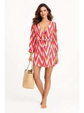 Talbots 100% Linen Swim Cover Up Pink Orange White Chevron Deep V-Neck Women M